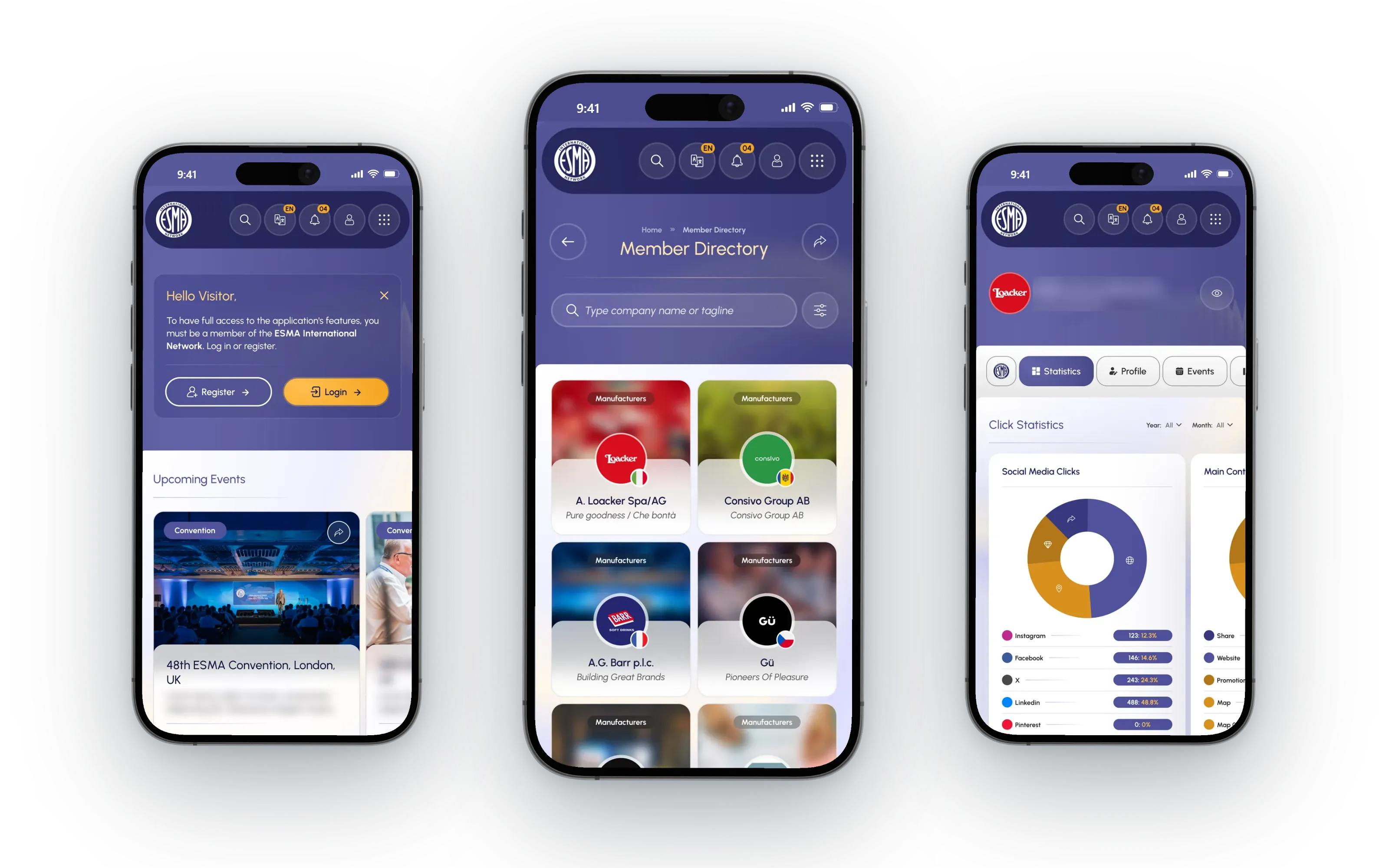 The ESMA app on three phones: the home screen a guest sees, the member directory, and profile click statistics.