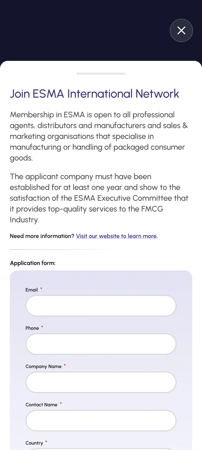 The membership application form in the app