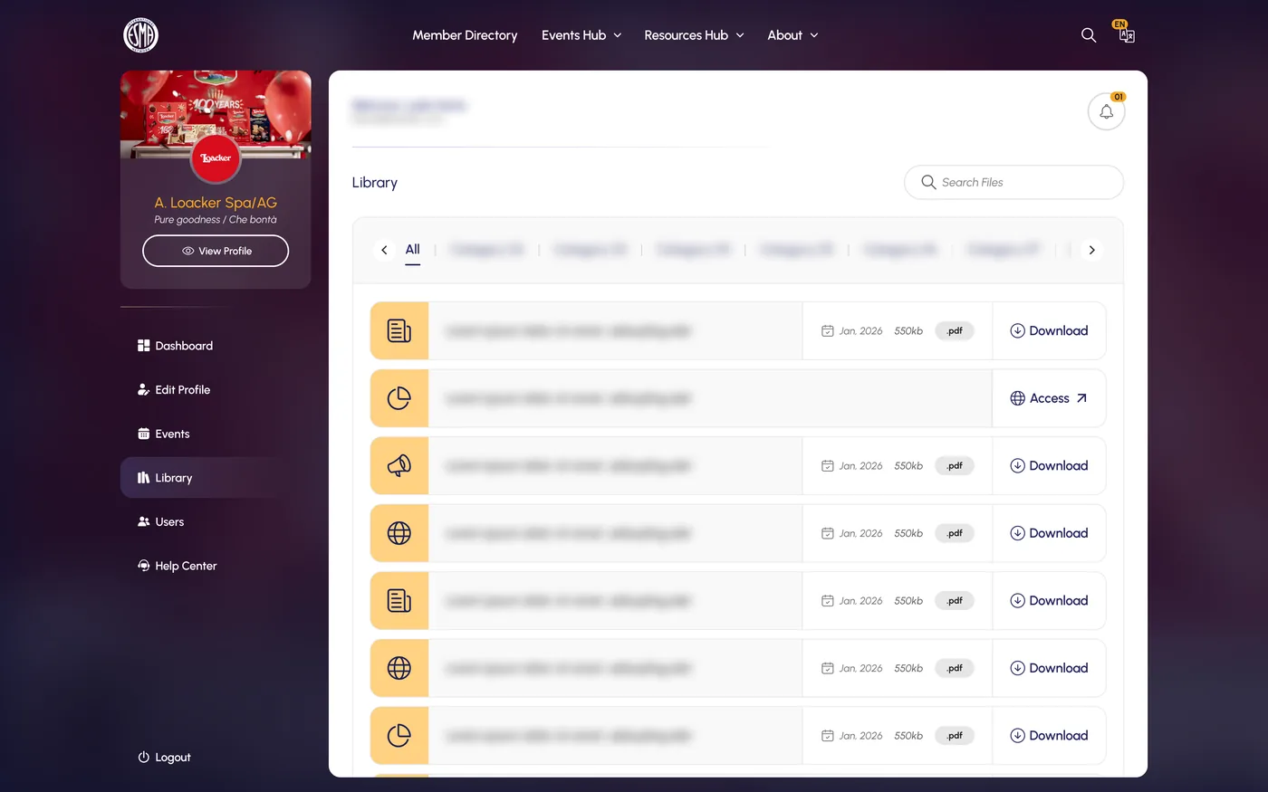The document library, filtered by category