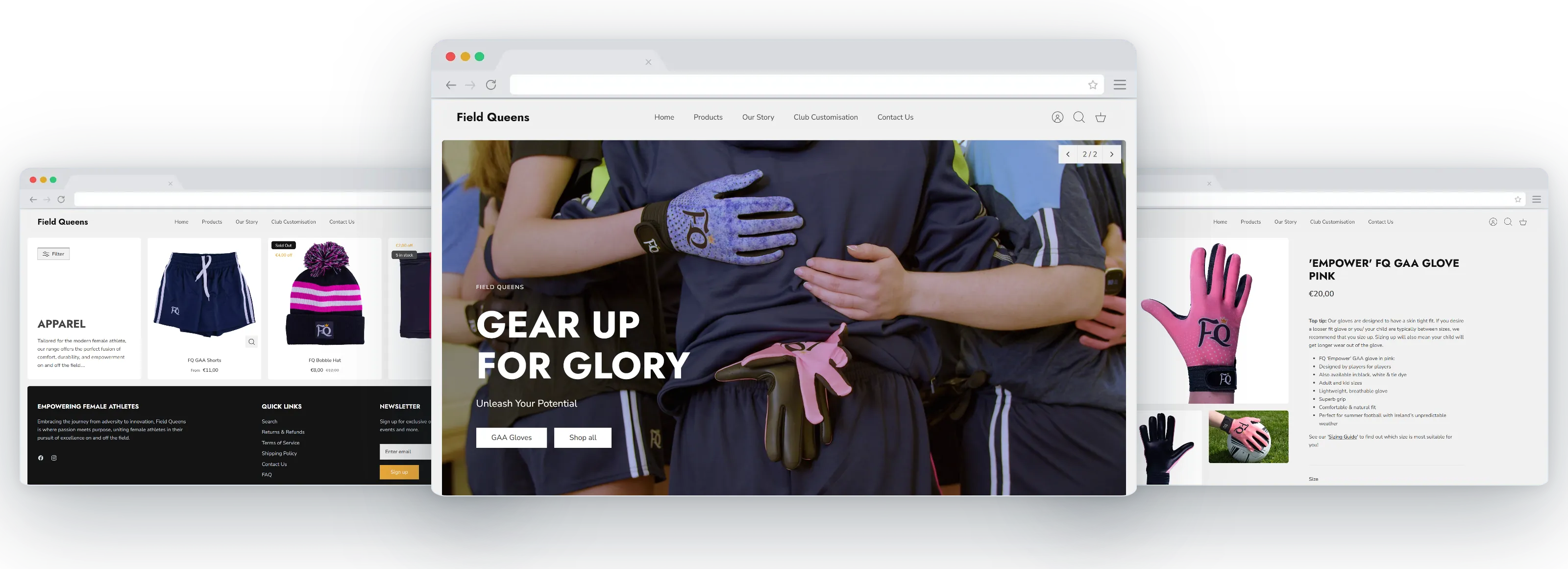 Pages from the Field Queens Shopify store, including the Apparel collection and a glove product page