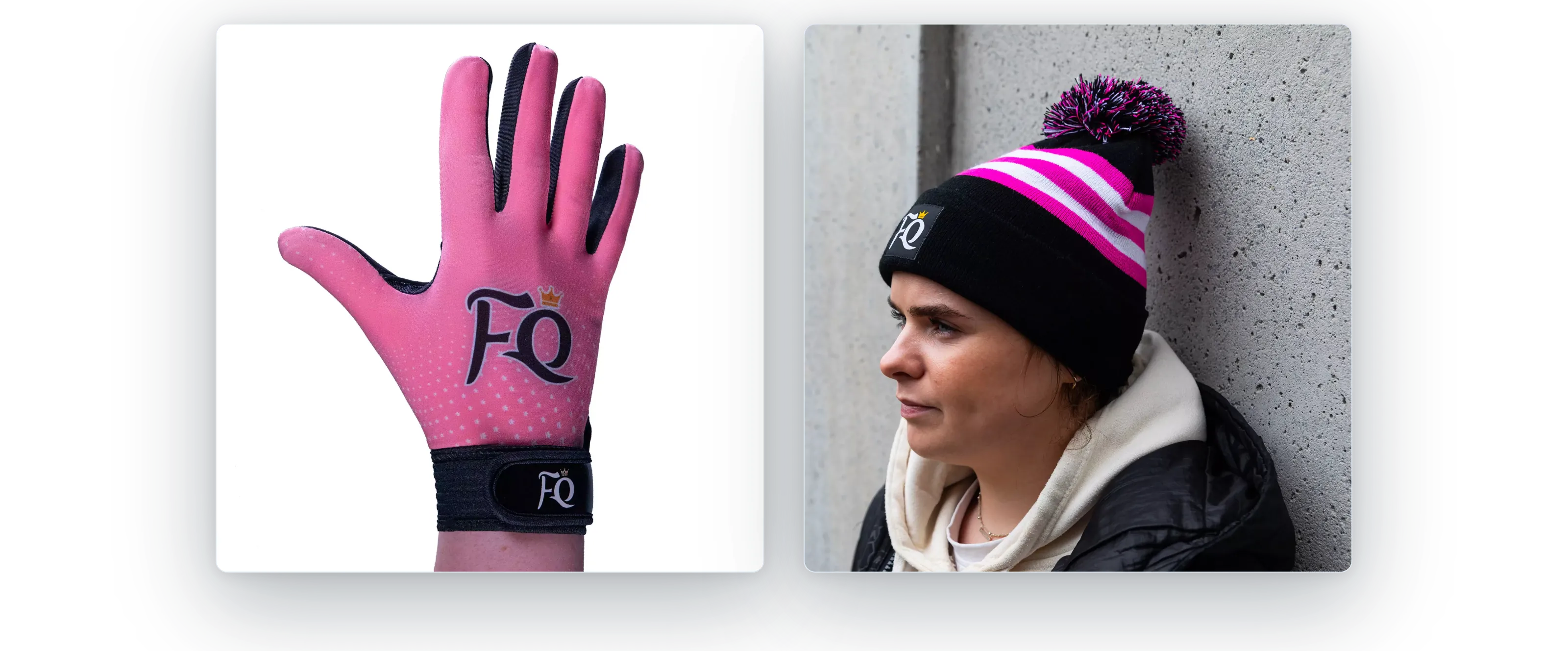 Two of the new product photographs: the pink glove on a white background, and a player in the bobble hat against a concrete wall