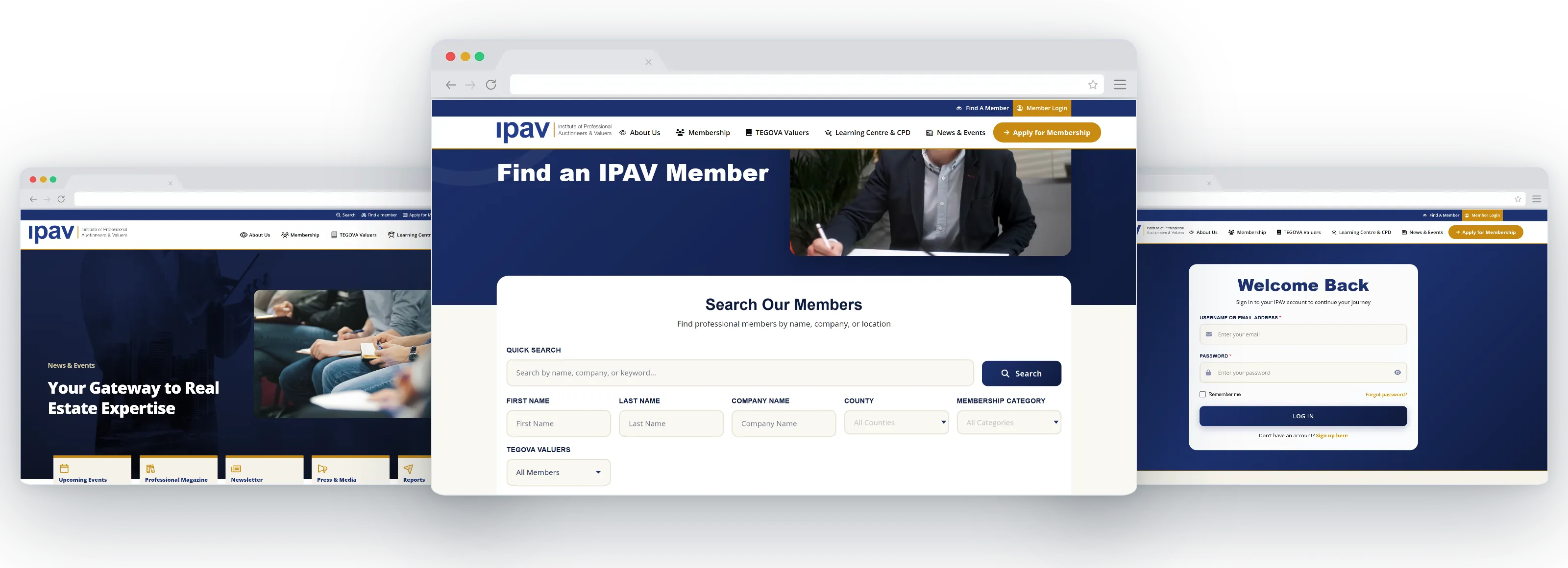 Three screens of the IPAV work: News and Events on ipav.ie, the member directory search, and signing in on members.ipav.ie