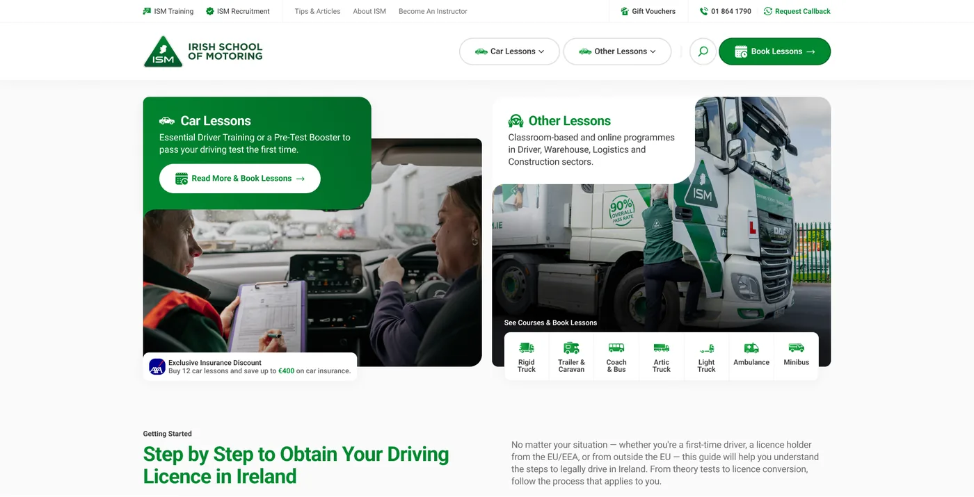The homepage, car lessons and every other category as two equal doors, above the step-by-step licence guide