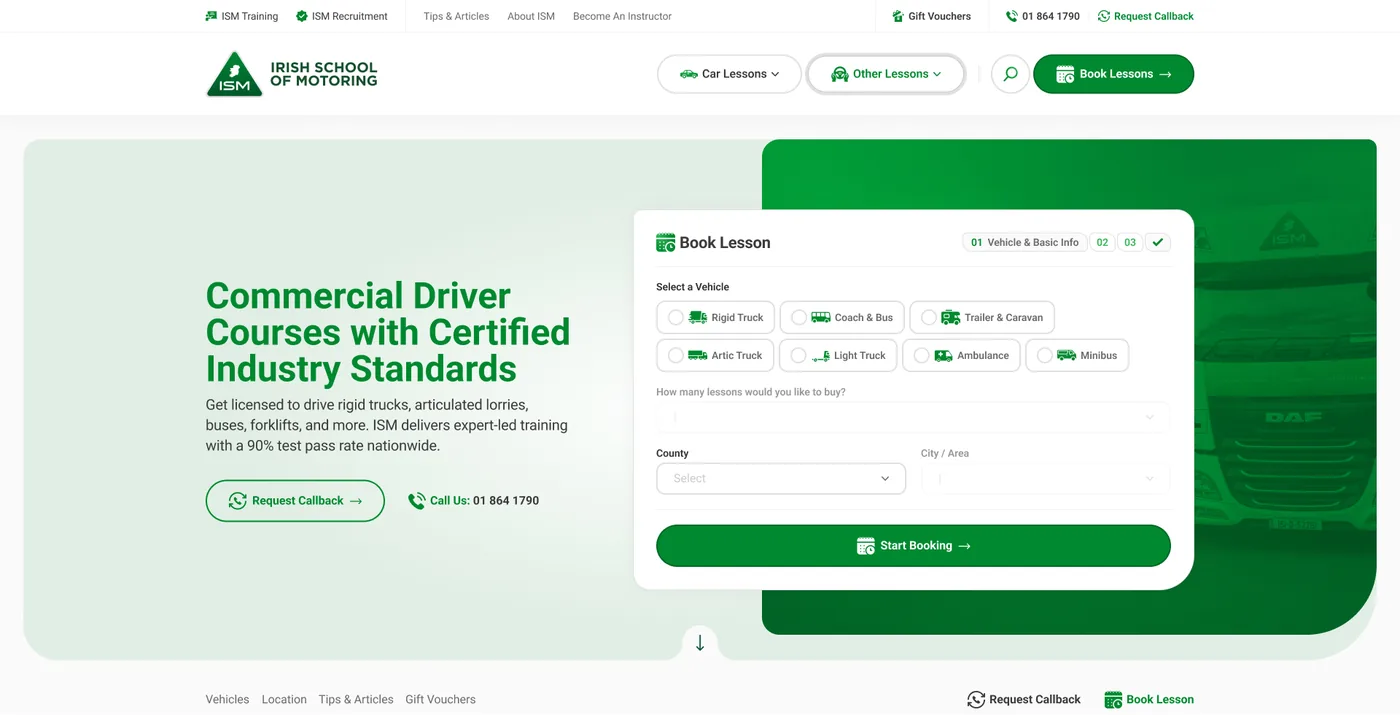 Commercial driver courses, seven vehicle categories, each a card and each a booking route