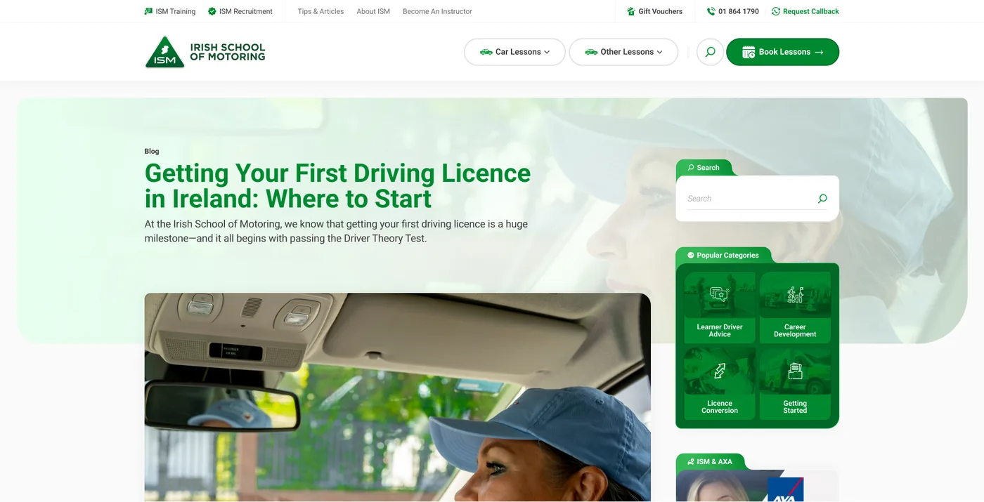 A guide article, the first licence, with related categories alongside