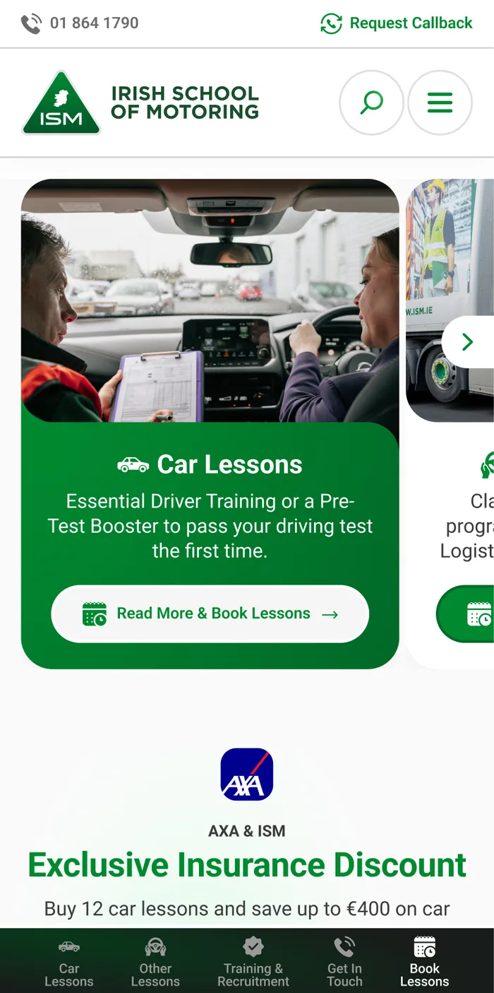 The homepage on a phone, the lesson carousel and the AXA insurance offer, over the persistent bottom bar