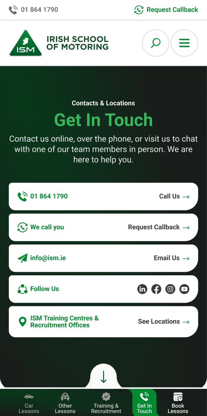 Get in touch, call, callback, email, social and locations as five explicit routes