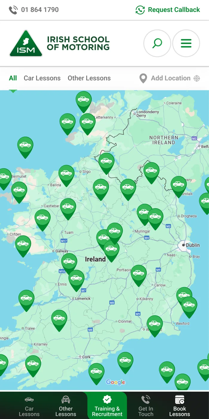 Instructors near you, the map of Ireland, filtered by lesson type