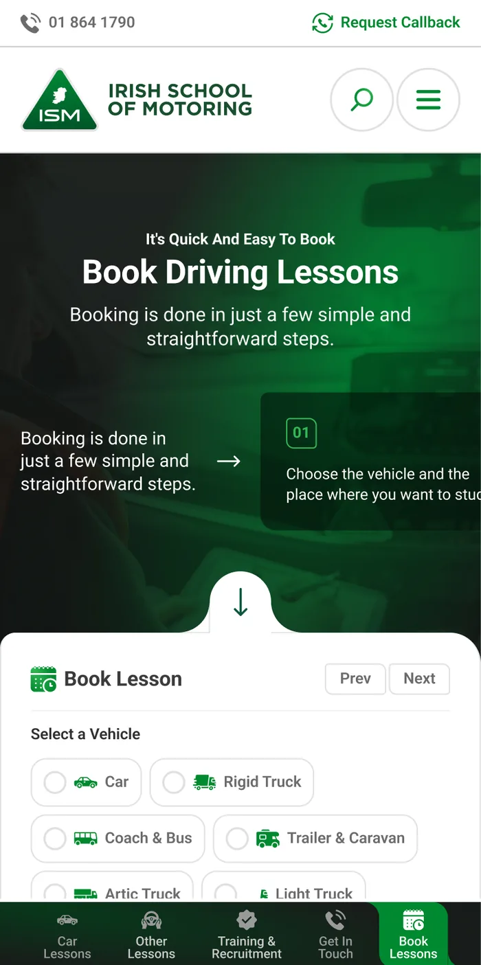 Booking on a phone, the five steps, then the vehicle picker