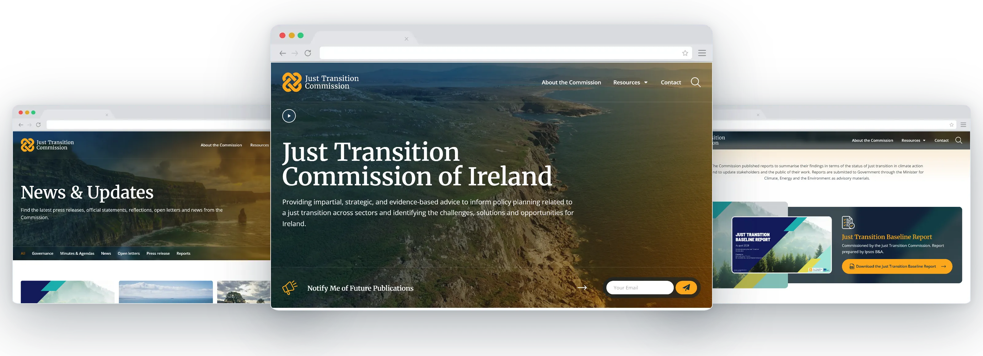 The Just Transition Commission website: the news archive, the homepage and the publications library