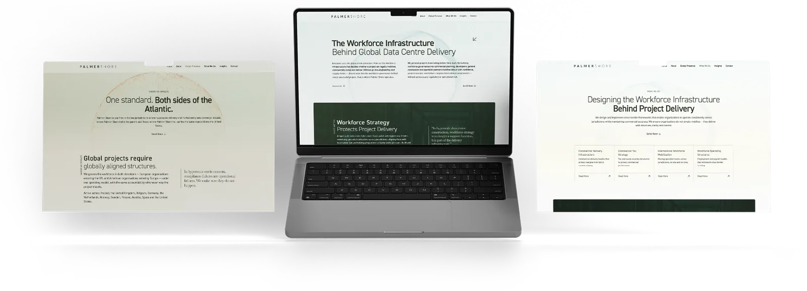 Palmer Shore on desktop, the homepage, a service page and Global Presence
