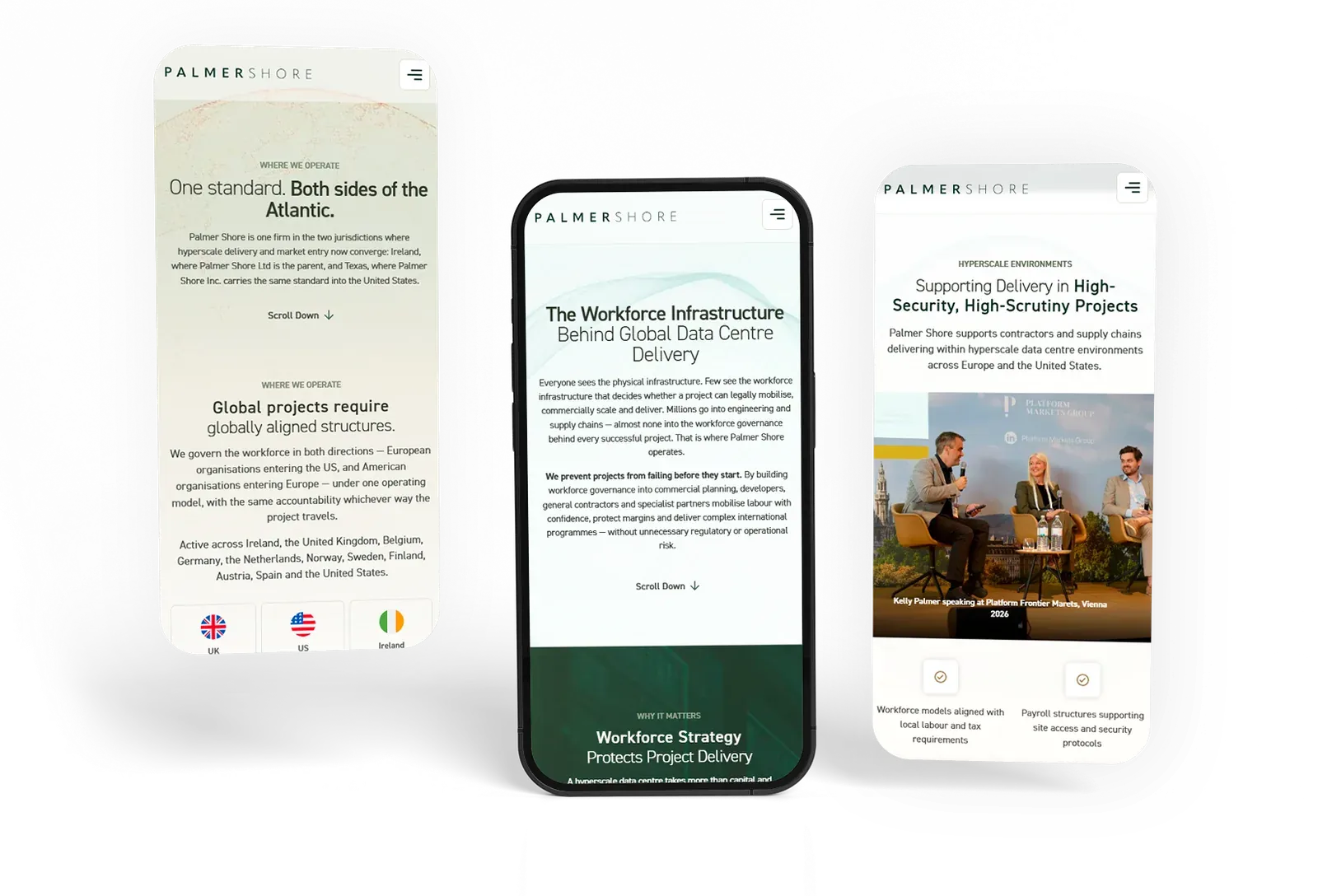 Palmer Shore on a phone, the homepage, Global Presence and a service page