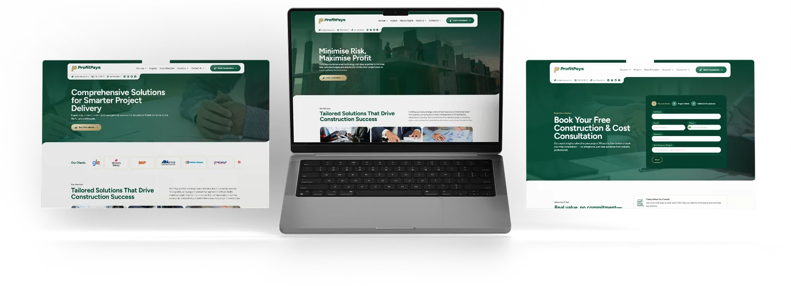 ProfitPays on desktop, the homepage, a services page and the consultation booking page