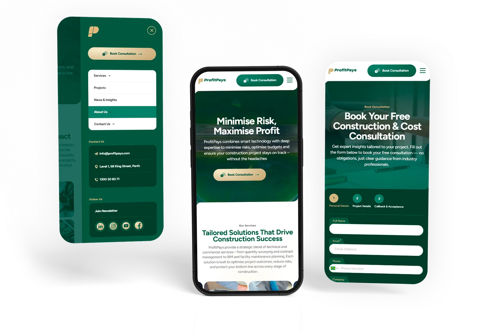 ProfitPays on a phone, the navigation, the homepage and the booking flow