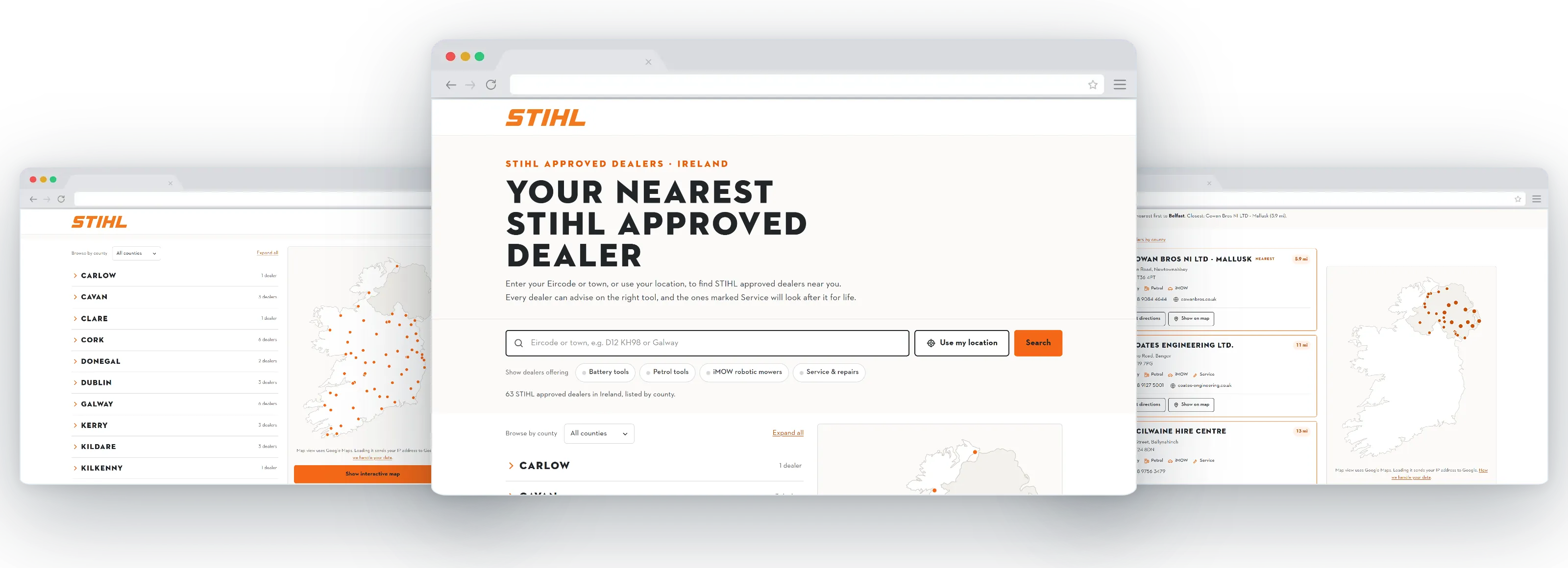 The dealer locator on three screens: the Irish search with its four service filters, the drawn island map beside the county list, and the Northern Ireland site ranked nearest first