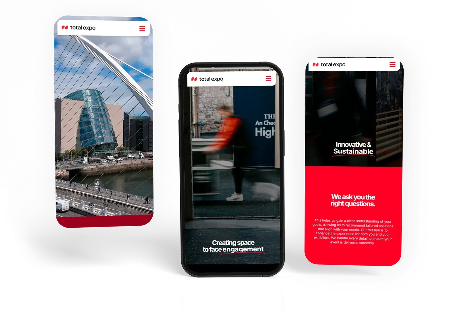 Total Expo on a phone, the homepage, a solutions page and the enquiry route