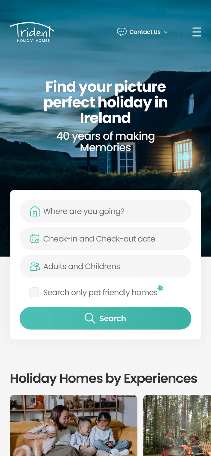 Trident homepage on mobile, the search as a full-screen sequence