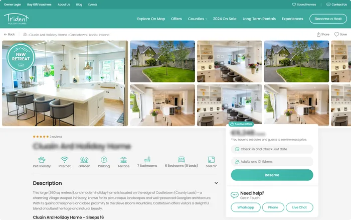 A property page, photos, amenities and the reserve panel